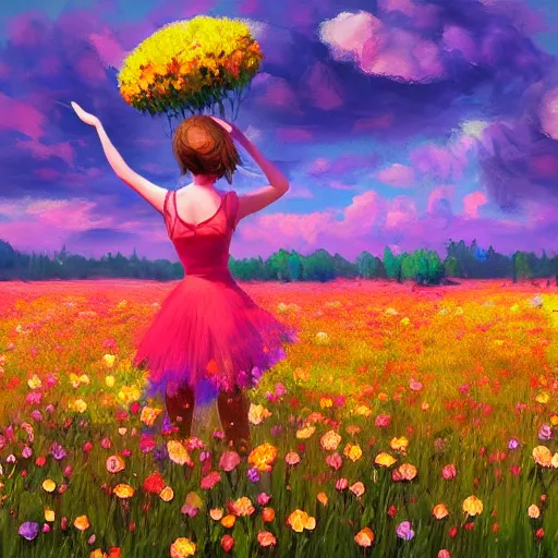 Image similar to girl made of giant flowers, dancing in a vast flower field, arms behind back, surreal photography, sunrise dramatic light, impressionist painting, colorful clouds, large sky, digital painting, artstation, simon stalenhag, flower face