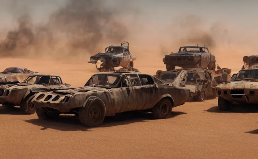 Image similar to mad max cars in a pixar movie with war boys