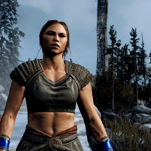 Prompt: character screenshot of ufc ronda rousey dc in skyrim, lydia armor, npc talking, wilderness, 1 0 8 0 p, bokeh, elder scrolls v, detailed, dialog text