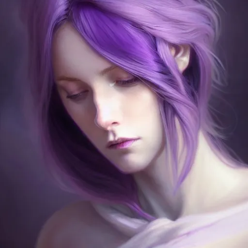 Image similar to purple haired mage, full body portrait, gentle, cloth, female, city landscape, d & d, fantasy, intricate, elegant, highly detailed, digital painting, purple and gold color palette, artstation, octane render, concept art, matte, sharp focus, illustration, herrarthstone, art by artgerm and greg rutkowski and alphonse mucha