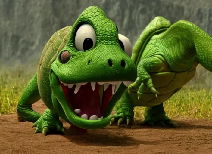 Image similar to film still of yoshi in the new sci - fi movie, upright dinosaur with a small turtle shell and long tongue, 8 k