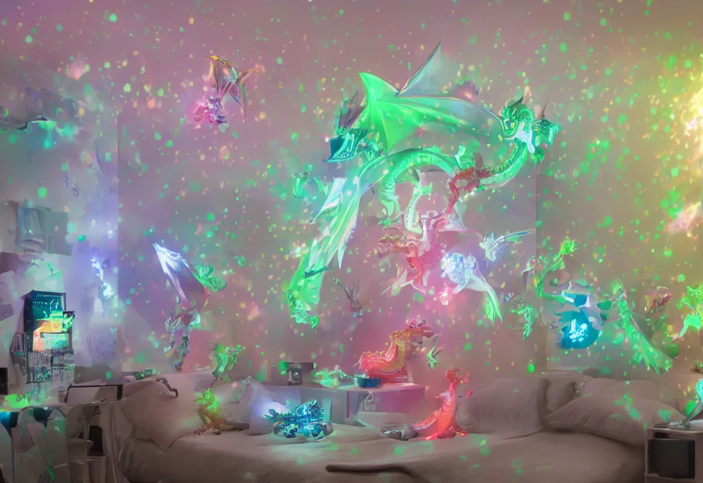 Prompt: 3 d dragons popping out of curved wall, volumetric lighting, bedroom, visor, users, pair of keycards on table, bokeh, creterion collection, shot on 7 0 mm, instax