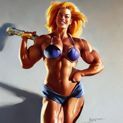 Image similar to greg manchess portrait painting of smiling margot robbie as beautiful thick muscular female bodybuilder zarya from overwatch, medium shot, asymmetrical, profile picture, organic painting, sunny day, matte painting, bold shapes, hard edges, street art, trending on artstation, by huang guangjian and gil elvgren and sachin teng