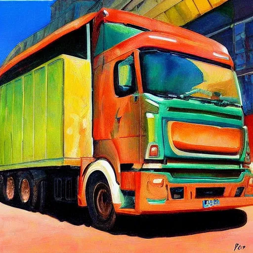 Prompt: an awesome painting with a camion by peter klasen