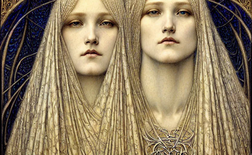 Image similar to detailed realistic beautiful young medieval queen face portrait by jean delville, gustave dore and marco mazzoni, art nouveau, symbolist, visionary, gothic, pre - raphaelite. horizontal symmetry