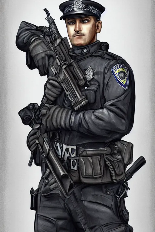 Image similar to london police officer heroically posing, highly detailed, digital art, sharp focus, trending on art station