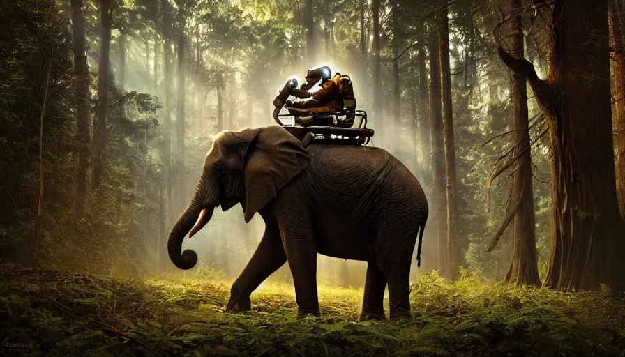 Prompt: american astronaut in the forest riding an elephant, objects well lit, plants environment, wide angle, cinematic lighting, atmospheric, realistic, octane render, highly detailed, color graded, in the style of craig mullins