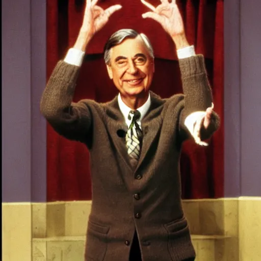 Prompt: mr. rogers with two heads and six arms.