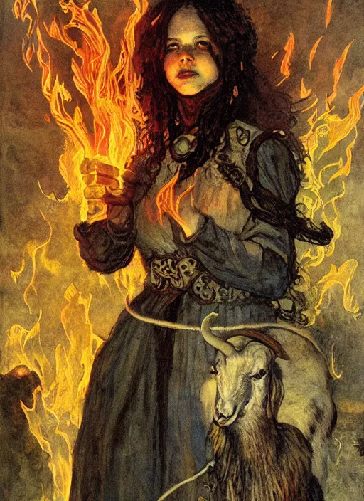 Image similar to half length portrait of a bautiful witch girl burning with a goat in her hands, glowing fire, medieval castle, by mikhail vrubel, by peter elson, muted colors, extreme detail, trending on artstation, 3 5 mm, aperture 1. 2, 8 k