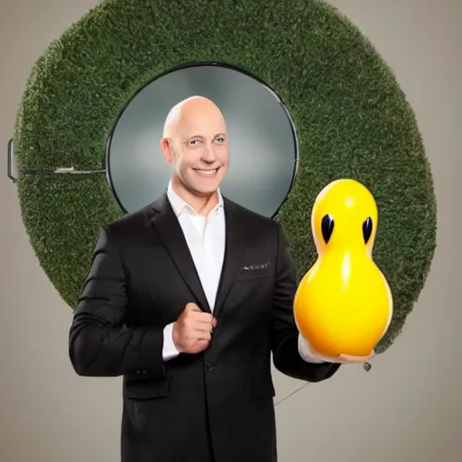 Prompt: tv show bald contestant with giant ears winning a duck on tv show wheel or no wheel