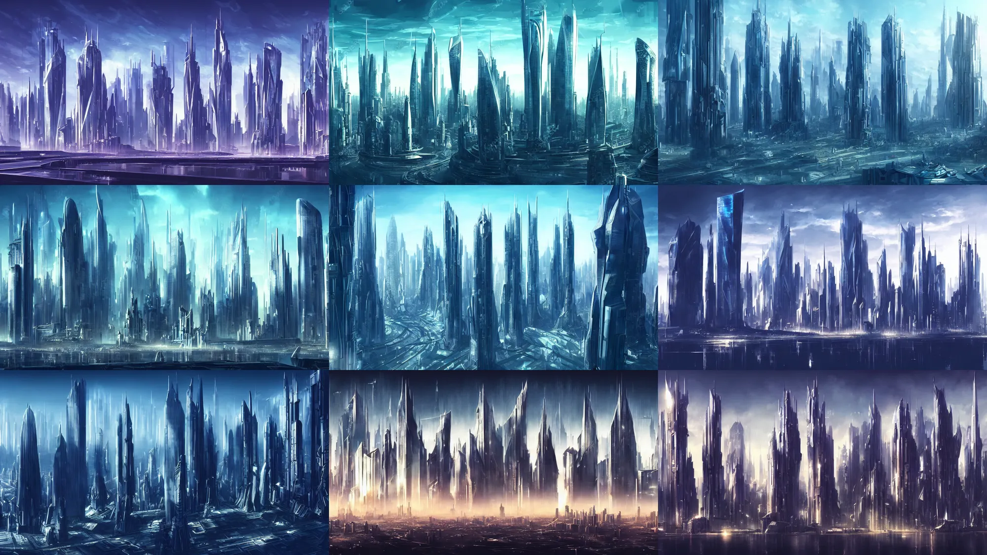 Prompt: skyline of futuristic city, with tall glass skyscrapers, very detailed, atmospheric, environment concept, futuristic landscape, cinematic, movie concept art