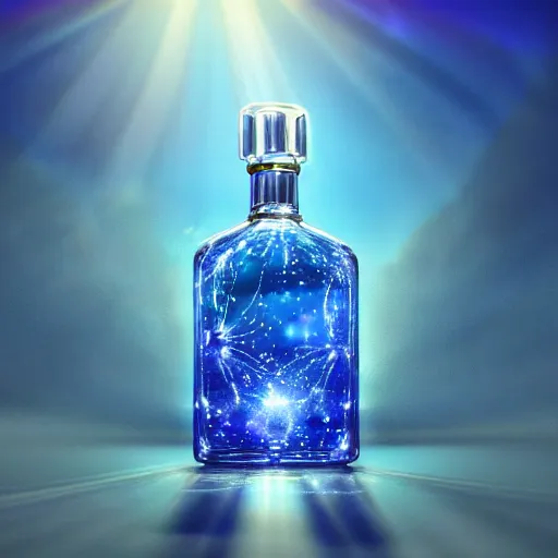 Prompt: photorealistic blue perfume bottle surrounded by plethora of blue flowers, lonely world still shining through faintly rainbow led lights, beautiful surreal scenery artwork pixiv. soul dust. unthinkable dream sublime god lighting, sun rays, cold colors. insanely detailed, artstation!! pixiv!! infinitely detailed created by god