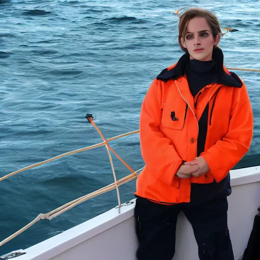 Prompt: emma watson fishing boat, deadliest catch, orange rain slicker, award winning,