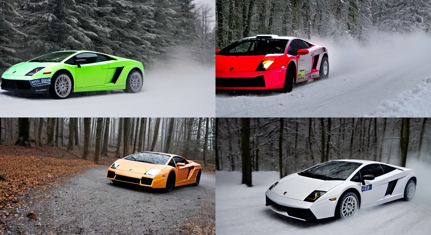 Prompt: a 2 0 0 5 lamborghini gallardo, racing through a rally stage in a snowy forest