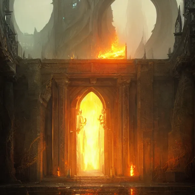 Prompt: huge gate, environment, illustration, symmetrical, fire, smoky, unreal engine, colors, epic scene, fantasy art by greg rutkowski,, golden raito, high quality, intricate details, details, intricate, atmosphere, highly detailed, matte painting, cinematic, deviantart, realistic, concept art, 4 k