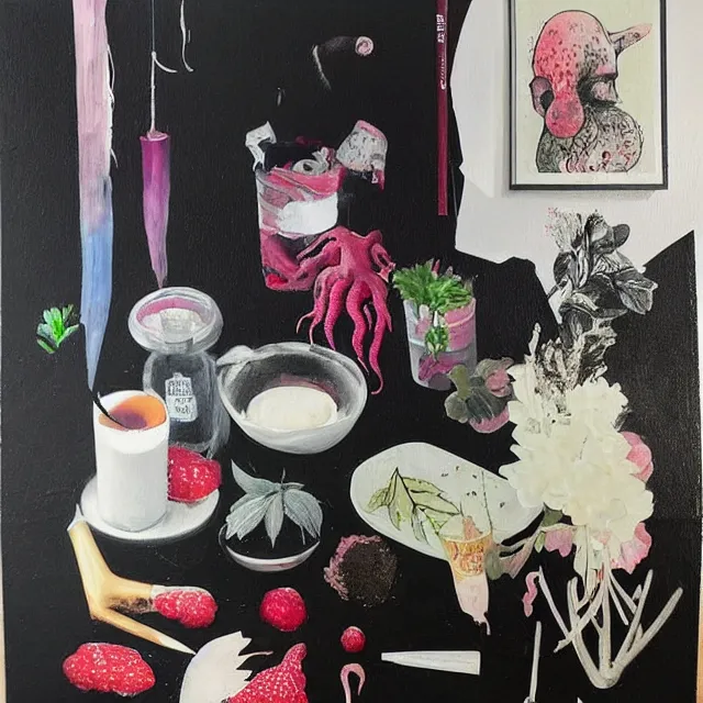 Prompt: “ a portrait in a female art student ’ s apartment, sensual, a pig theme, art supplies, surgical iv bag, octopus, ikebana, herbs, a candle dripping white wax, black walls, squashed berries, berry juice drips, acrylic and spray paint and oilstick on canvas, surrealism, neoexpressionism ”