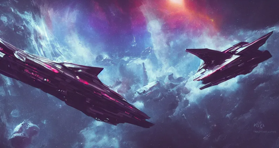 Image similar to a 35mm photo of a fast futuristic! space ship!! flying through a nebulae filled with cyberpunk space stations!, concept art, matte painting, contrasting color scheme,