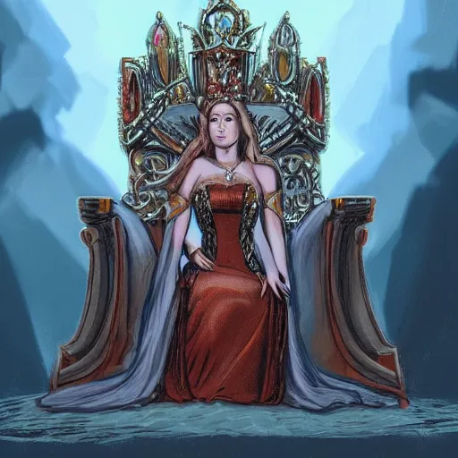 Image similar to A beautiful Queen sitting in a throne, concept art, wide shot, godrays, grand