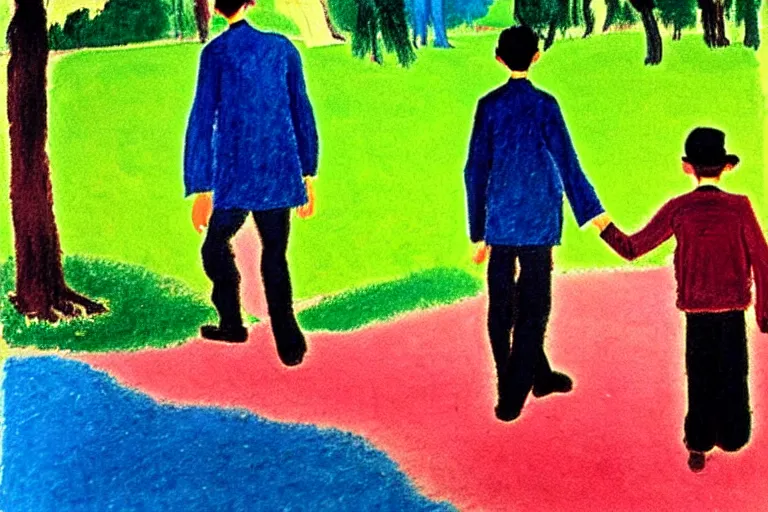 Image similar to a very tall man with dark hair holding the hands of a short young boy as they walk in a park on a bright beautiful colorful day. part in the style of an edgar degas painting. part in the style of david hockney