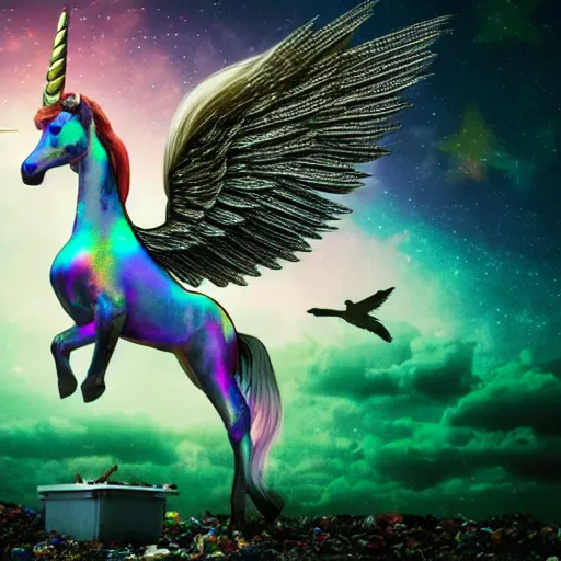Prompt: 8 k capture scan of a iridescent unicorn with wings dancing in a garbage dump, the sky has the milky way, high textured, conceptual, intricate detailed photography, illustration sharp