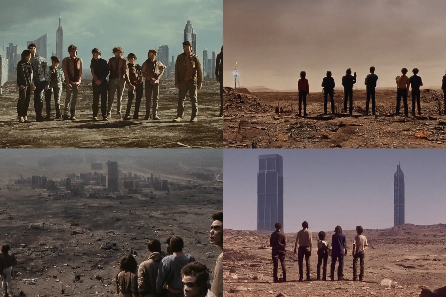 Prompt: desolate shot of 7 teenagers looking up at an insanely huge megatower amidst a wasteland, film still, neo-western, epic,