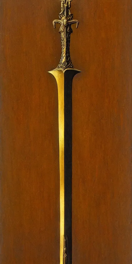 Image similar to a sword in the style of zdzisław beksinski, elegant, gold and oak inlay, wing motif, holy, wooden handle, golden blad