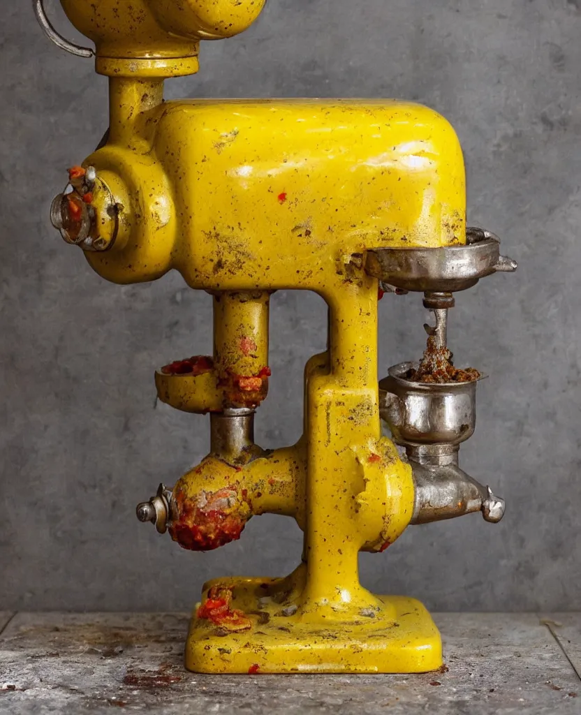 Prompt: a rusty vintage meat grinder full of mustard, ketchup and jelly spilling all over a yellow marble table