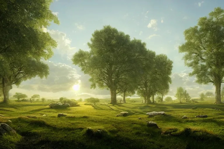 Image similar to White monolithic henge surging with magic at the bottom of green hills surrounded by a moat, clear blue skies in the background, by Thomas Kincade, Richard Sigamani, 8k photorealistic, cinematic lighting, HD, high details, dramatic, trending on artstation