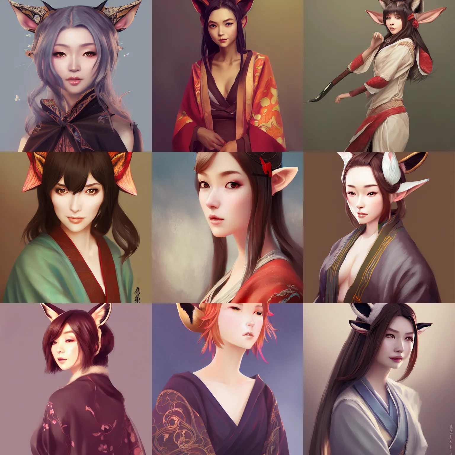 Prompt: A potrait of a beautiful, shapely woman with fox ears wearing a modest kimono from Skyrim, waifu, digital painting, by Stanley Artgerm Lau, WLOP, Rossdraws, LeraPi, and Sakimichan, digtial painting, trending on ArtStation, deviantart, SFW version