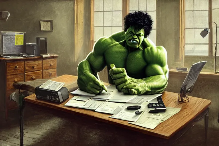 Image similar to the hulk sitting at a desk using a small calculator to do his taxes, calculator, oil on canvas, intricate, 8 k highly professionally detailed, hdr, cgsociety