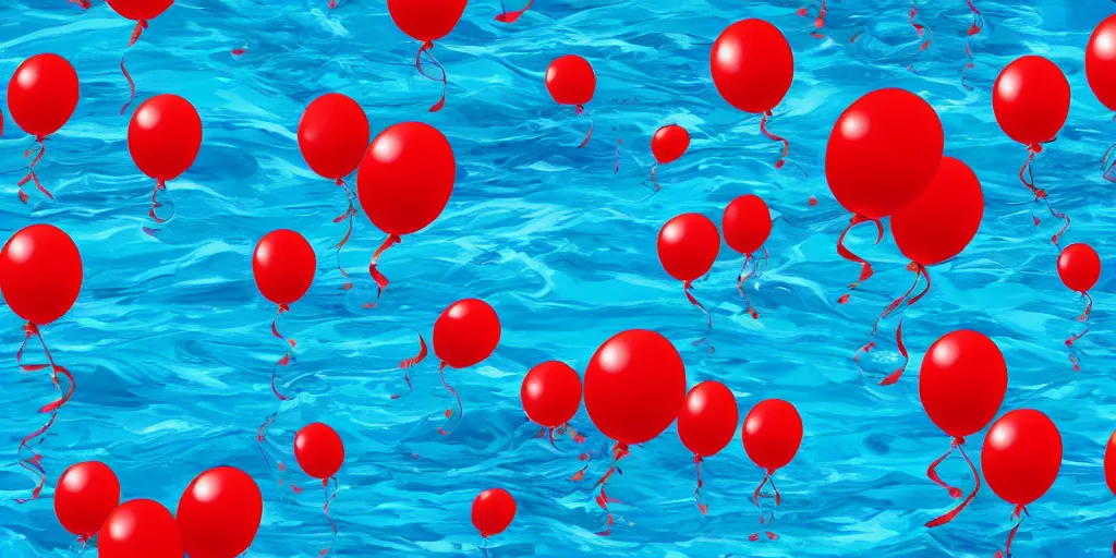 Prompt: many red balloons swimming in sea, highly detailed, realistic, dramatic,