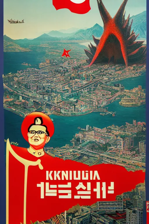 Image similar to a communist propaganda poster of Kim Jong-il and a giant starfish Kaiju monster destroying Pyongyang, traditional Korean city, palace, epic ultrawide shot, cinémascope