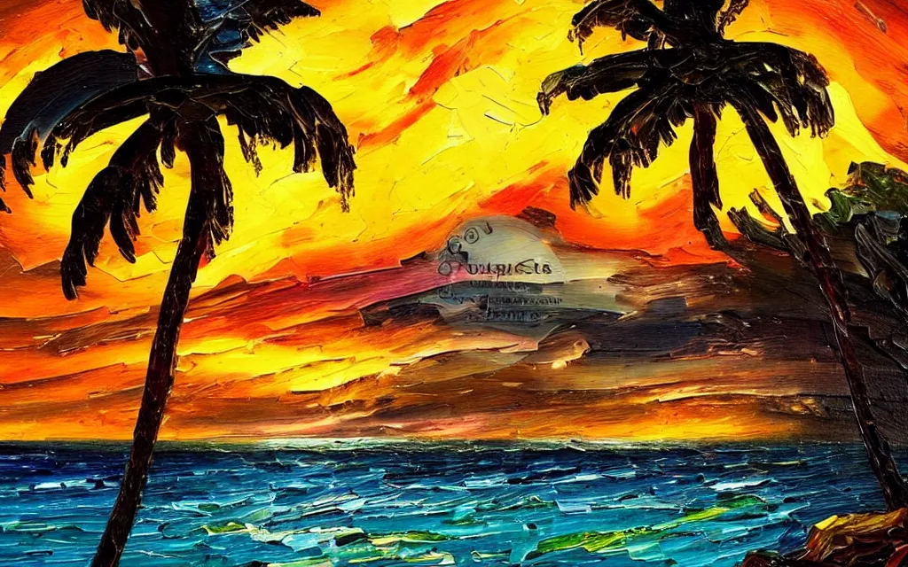 Image similar to water and a very small island! cute cozy cottage!! torches, chairs, palm trees, dark very late evening cloudy sunset, dramatic and dynamic lighting, thick brush strokes oil impasto painting
