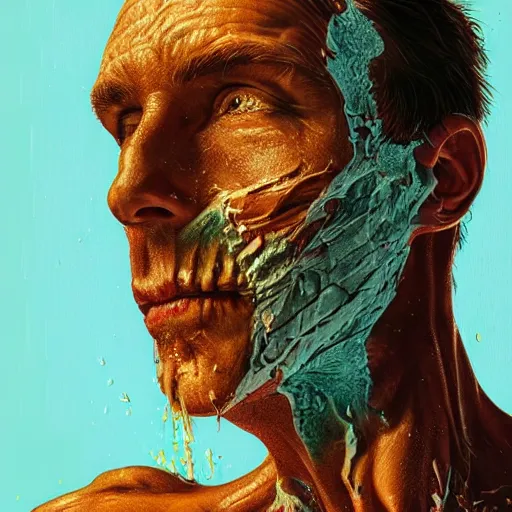 Image similar to portrait artwork of man tearing the skin from his face to reveal lizard skin. Artwork by Dan Mumford, realistic cinematic lighting, ultra detailed, hyper realism