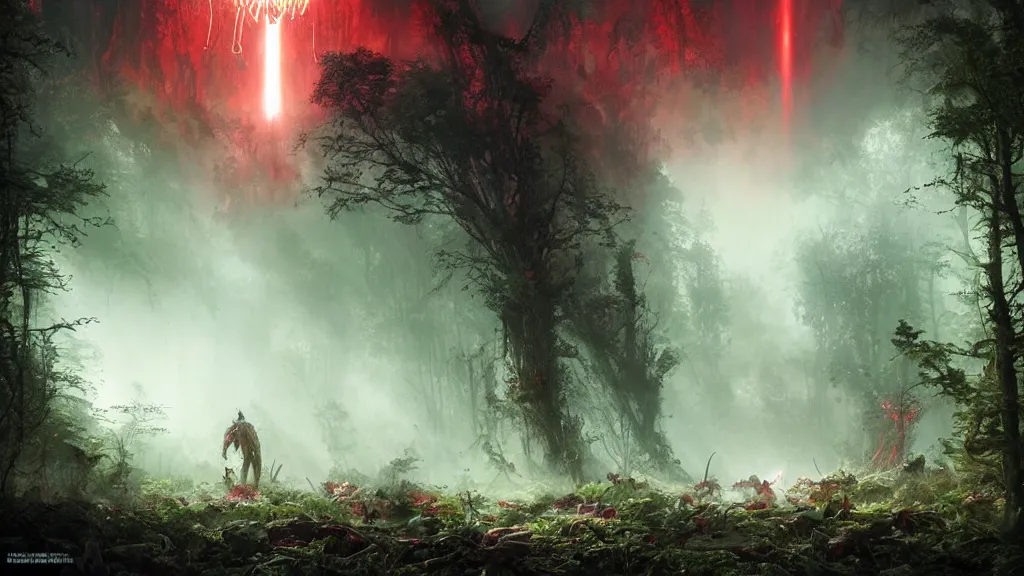 Image similar to a Photorealistic dramatic Matte painting,Looking through deep inside an Alien planets dense red forest there is a gigantic crashed spaceship,a lone astronaut in a white spacesuit with lights is exploring outside,hundreds of tall gigantic monster carnivorous Red Venus Flytrap plants and glowing bulbs,translucent wet and slimy plant life by Greg Rutkowski,Craig Mullins,James Paick,Fenghua Zhong,a misty haze,Beautiful dramatic dark moody nighttime lighting,Cinematic Atmosphere,Volumetric,Terragen,Octane Render,artstation,8k