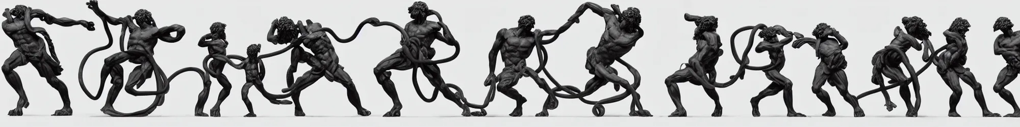 Image similar to long line-up of laocoon and his sons struggling with twisted white iphone headphone cables, intertwined full body view, shilouette ipod advertising, white background