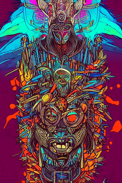 Image similar to totem animal tribal chaman vodoo mask feather gemstone plant video game illustration vivid color borderlands by josan gonzales and dan mumford radiating a glowing aura