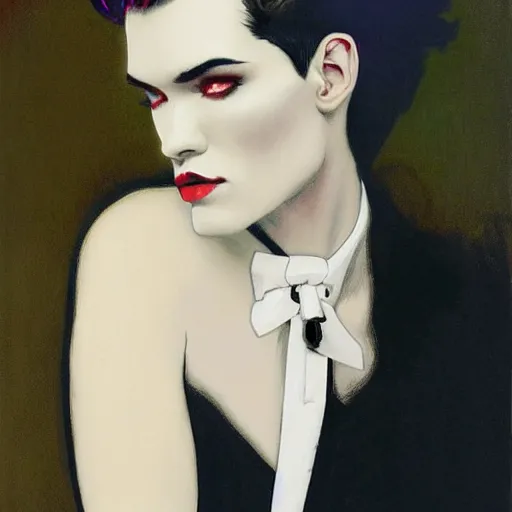 Image similar to beautiful portrait of androgynous ruby rose as desire from sandman in a white tuxedo!!!, rockabilly style,, by alphonse mucha, by jeremy mann, by peter lindbergh, cedric peyravernay, by frank moth, white suit and black tie, soft lightning, high detailed, 8 k