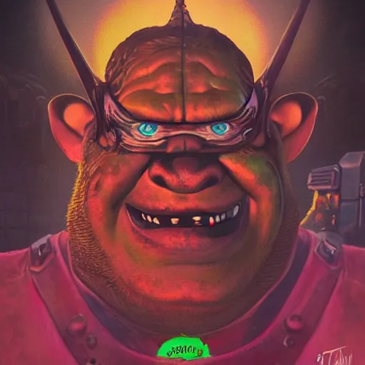 Prompt: lofi portrait of shrek as the doom slayer, demons, hell, pixar style, by tristan eaton stanley artgerm and tom bagshaw.