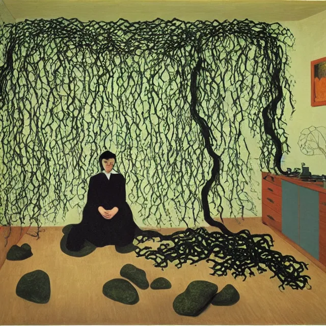 Prompt: a pathology student in her apartment, wrapped in vines, large stones, octopus, black walls, ikebana, black armchair, puddles, moss, acrylic on canvas, surrealist, by magritte and monet