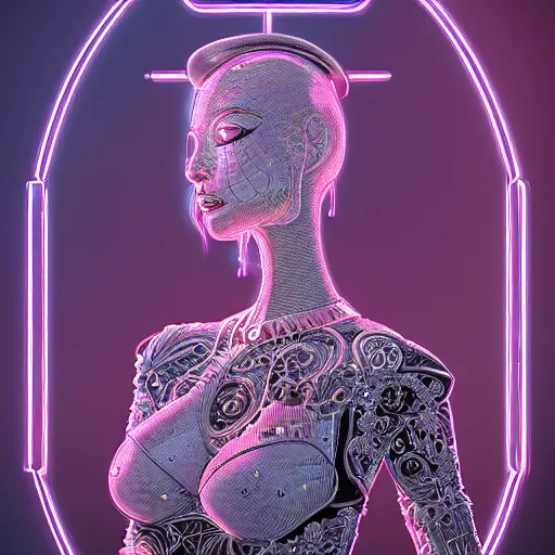 Prompt: the portrait of an absurdly graceful, sophisticated, fashionable ottomanpunk robotess idol, an ultrafine hyperdetailed illustration by kim jisu, intricate linework, neon wiring, electronics, porcelain skin, unreal engine 5 highly rendered, global illumination, radiant light, detailed and intricate environment, by rutkowski, artgerm, marvel comics