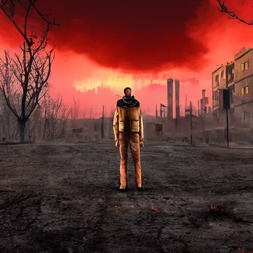 Image similar to stalker standing in front of a post apocalyptic city with burning red sky