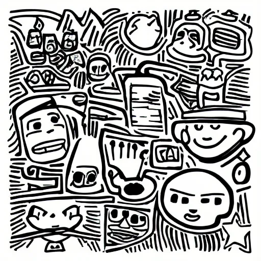 Image similar to black and white composition of a variety of seperate doodles, drawings, faces, symbols, cartoons, lineart, cave drawing, silhouette, tattoo, chinese ink brush, app icon