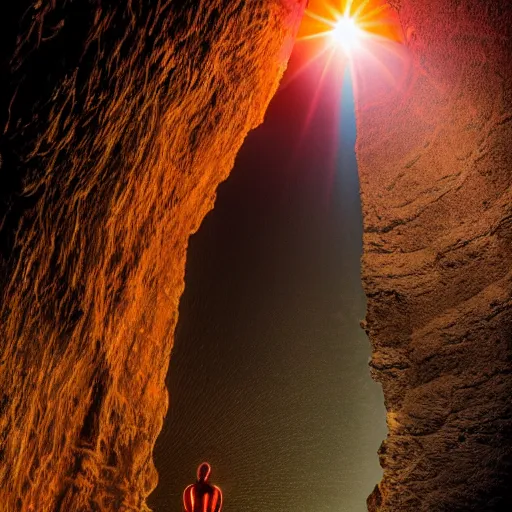 Image similar to photo of a giant orange colored glowing transparent humanoid of one thousand feet of height standing next to a building inside a cave