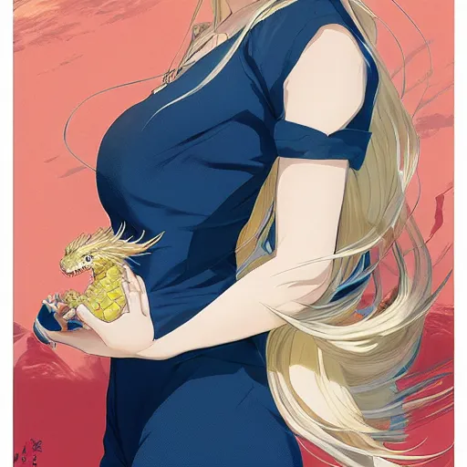 Prompt: A Beautiful young blond woman , holding a small dragon || VERY ANIME, fine-face, realistic shaded perfect face, fine details. Anime. realistic shaded lighting poster by Ilya Kuvshinov katsuhiro otomo ghost-in-the-shell, magali villeneuve, artgerm, Jeremy Lipkin and Michael Garmash, Rob Rey and Kentarõ Miura style, trending on art station