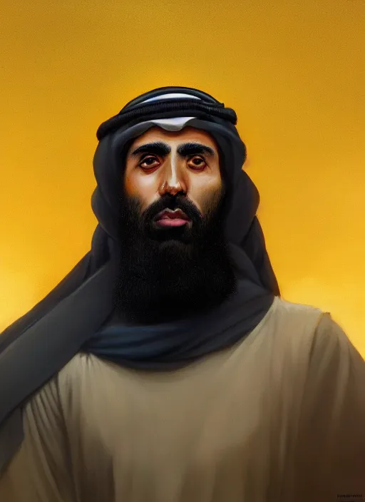 Image similar to highly detailed portrait arab man modern, hero, yellow charcoal, stephen bliss, 8 k, unreal engine, fantasy art by greg rutkowski, loish, rhads, ferdinand knab, makoto shinkai and lois van baarle, ilya kuvshinov, rossdraws, tom bagshaw, global illumination, radiant light, detailed and intricate environment