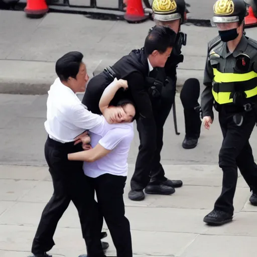 Image similar to angry emma watson putting xi jinping in a headlock as security agents close in, ap news