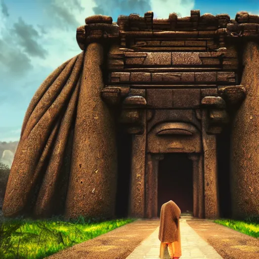 Image similar to a lone traveler exploring giant temples with large doors, mysterious statues, fantasy art