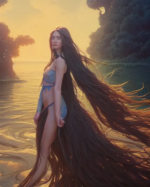 Image similar to highly detailed surreal vfx portrait of female water mage with long - brown flowing hair, blue eyes, stephen bliss, unreal engine, greg rutkowski, loish, rhads, beeple, makoto shinkai and lois van baarle, ilya kuvshinov, rossdraws, tom bagshaw, alphonse mucha, global illumination, detailed and intricate environment