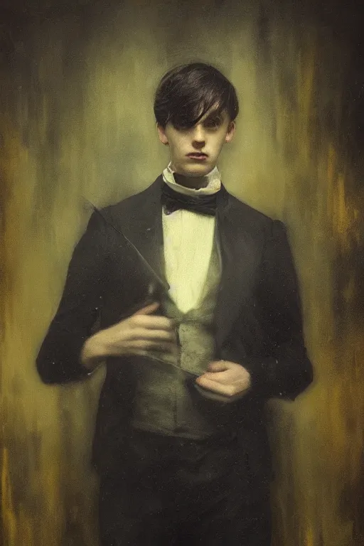 Image similar to detailed cinematic moody colors studio portrait of a young victorian gentleman being controled like a puppet, creepy malevous vibe, water lilies, high quality by jeremy mann, only one head single portrait